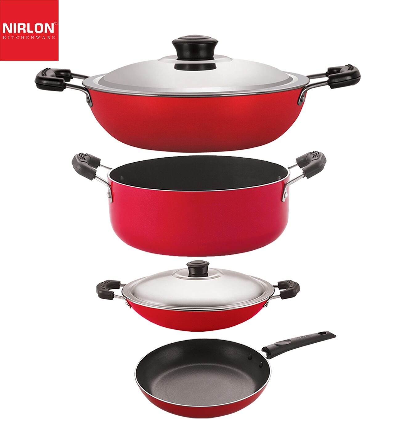 

Nirlon Non-Stick PFOA Free Stain Resistance Non-Induction Kitchen Cooking Essential Combo Item Set of 4-Piece