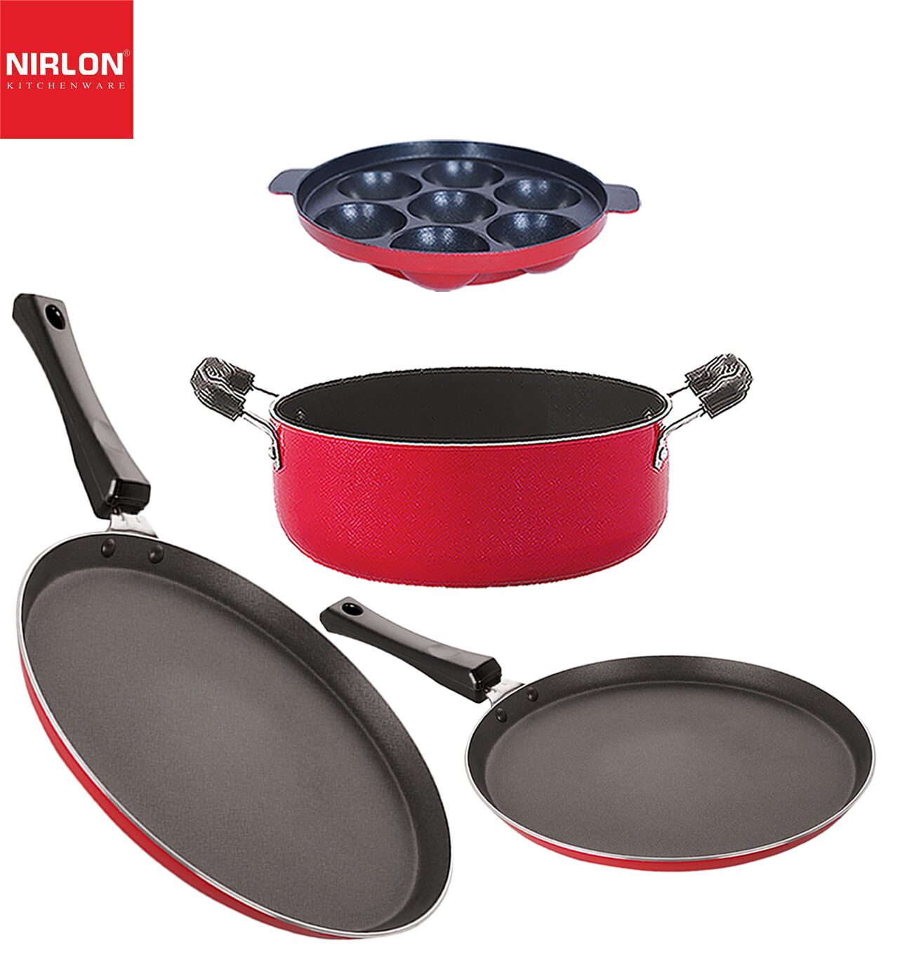 

Nirlon Non-Stick PFOA Free Stain Resistance Non-Induction Kitchen Cooking Essential Combo Item Set of 4 pcs