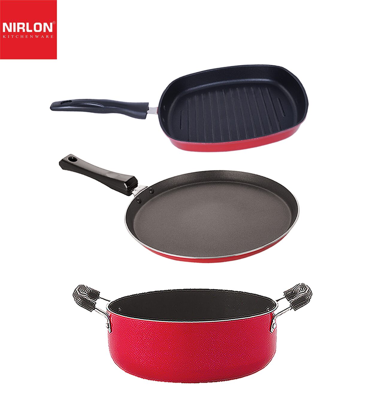

Nirlon Non-Stick Aluminium Cookware Set of 3 pcs Red Color