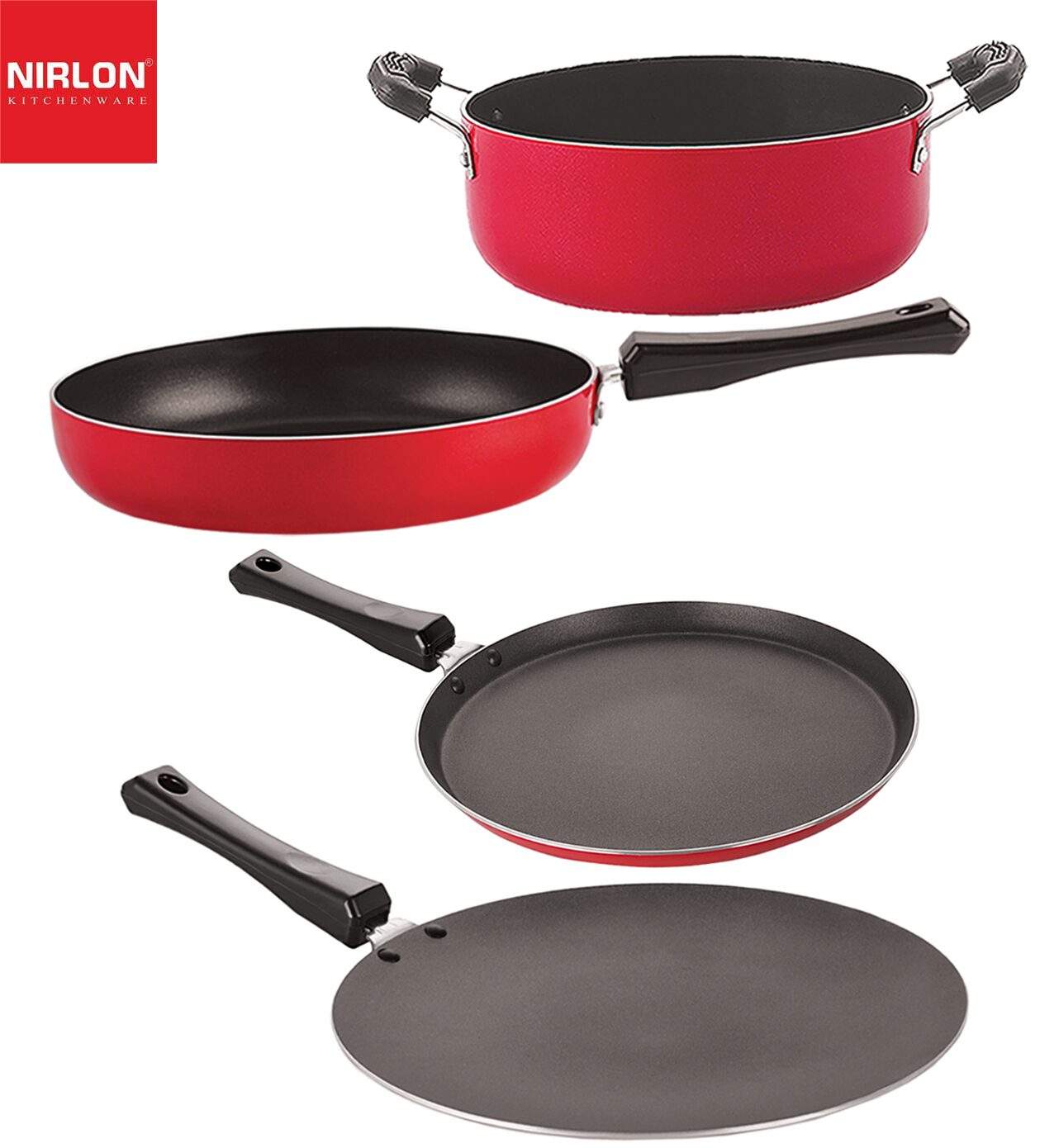 

Nirlon Non stick Cookware Pots Pan Combo Set of 4 pcs with Bakelite Handle
