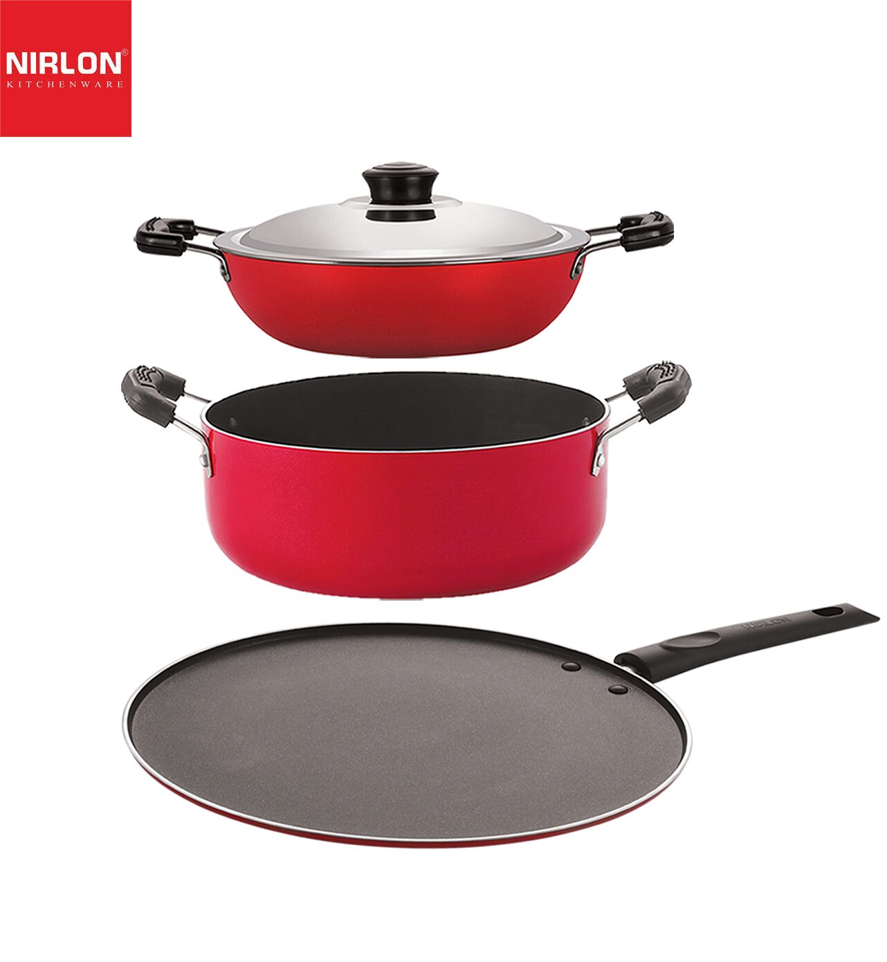 

Nirlon Non-Toxic Oil Free Non-Stick Cookware Essential Combo Set of 3 pcs with Bakelite Handle