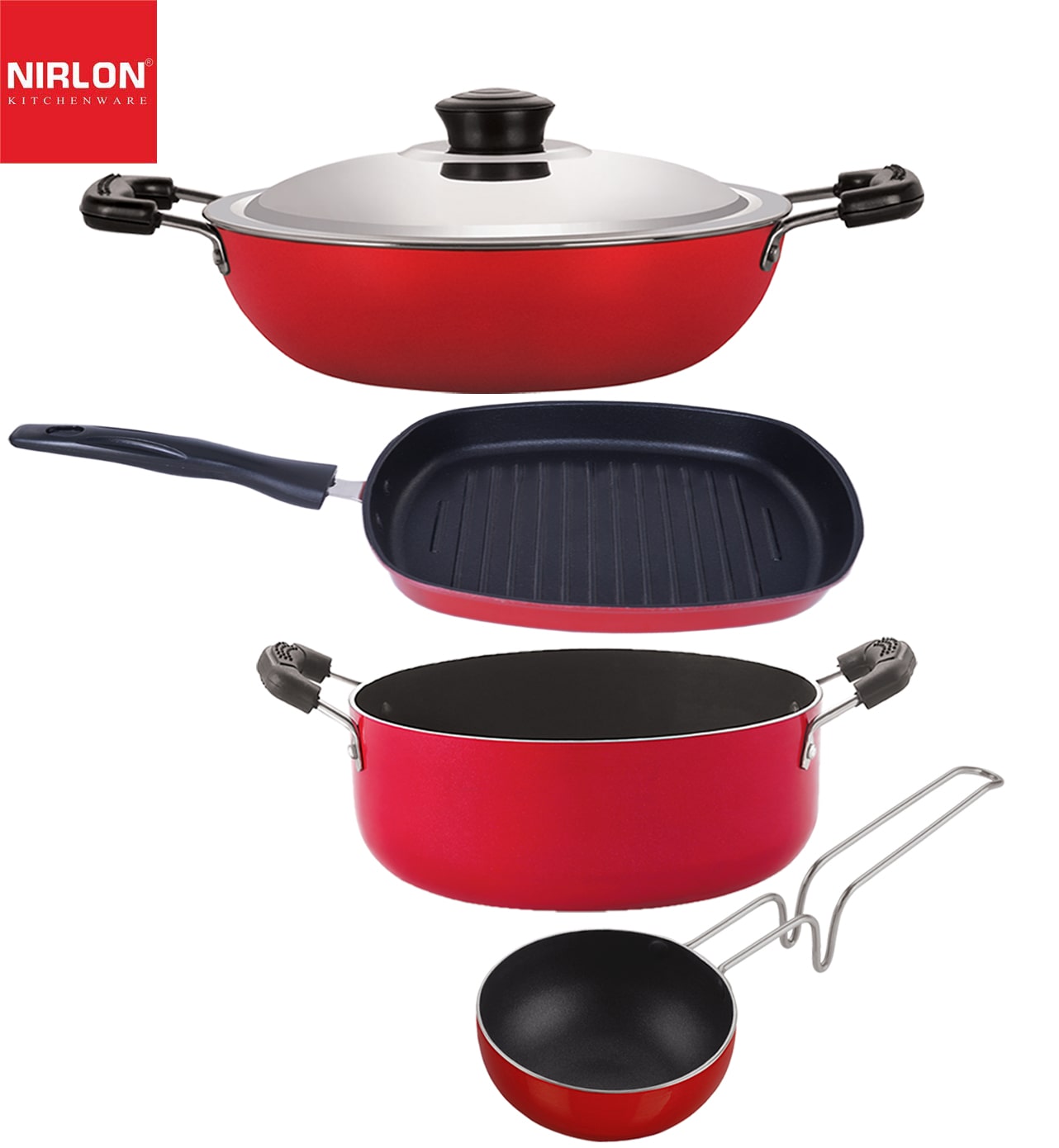 

Nirlon Odor Free 3 Layer Non stick Coating Cookware Gift Item Set of 4 pcs with Bakelite Handle