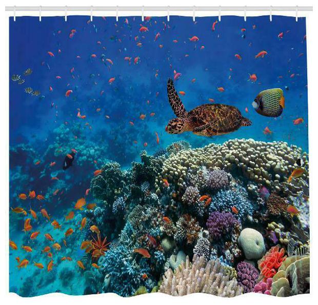 

Ocean Decor Shower Curtain Exotic Fish And Turtle In Fresh Water On Stony Coral