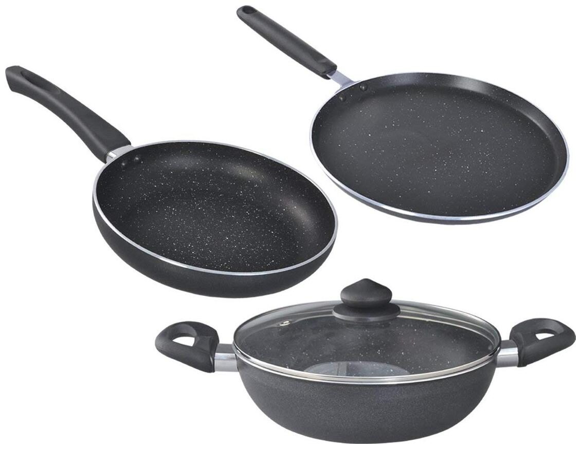 

Prestige Omega Deluxe Granite Induction Base Kitchen 3pc Set with 1 Glass Lid