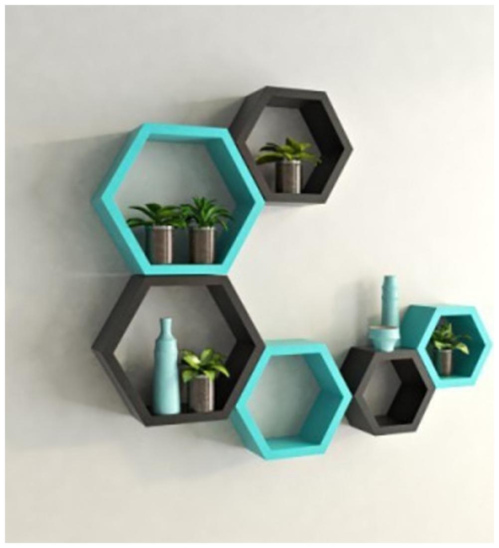 

Onlineshoppee Set Of 6 Hexagon shape Designer Storage Shelves - Blue and Black