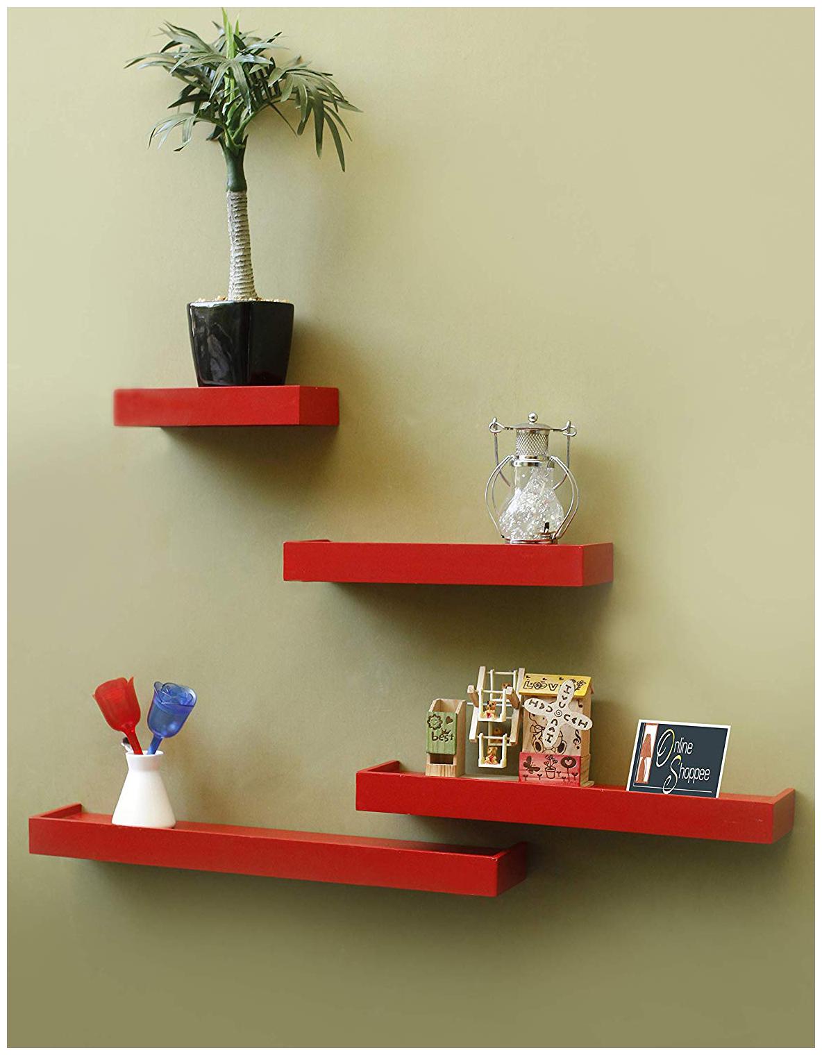 

Onlineshoppee Beautiful Wooden Red Rectangular Wooden Wall Shelf set of 4