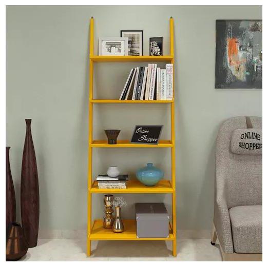 

Onlineshoppee Leaning Bookcase Ladder and Room Organizer Engineered Wood Wall Shelf -Yellow