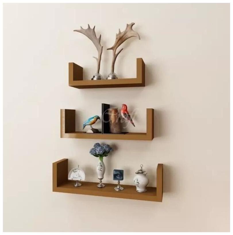 

Onlineshoppee MDF Handicraft Wall Decor U-shaped Designer Wall Shelf Pack of 3 - Brown