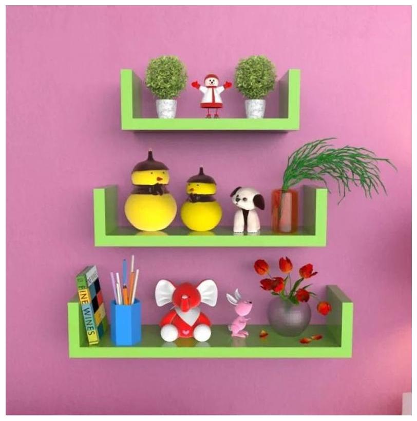 

Onlineshoppee MDF Handicraft Wall Decor U-shaped Designer Wall Shelf Pack of 3 - Green
