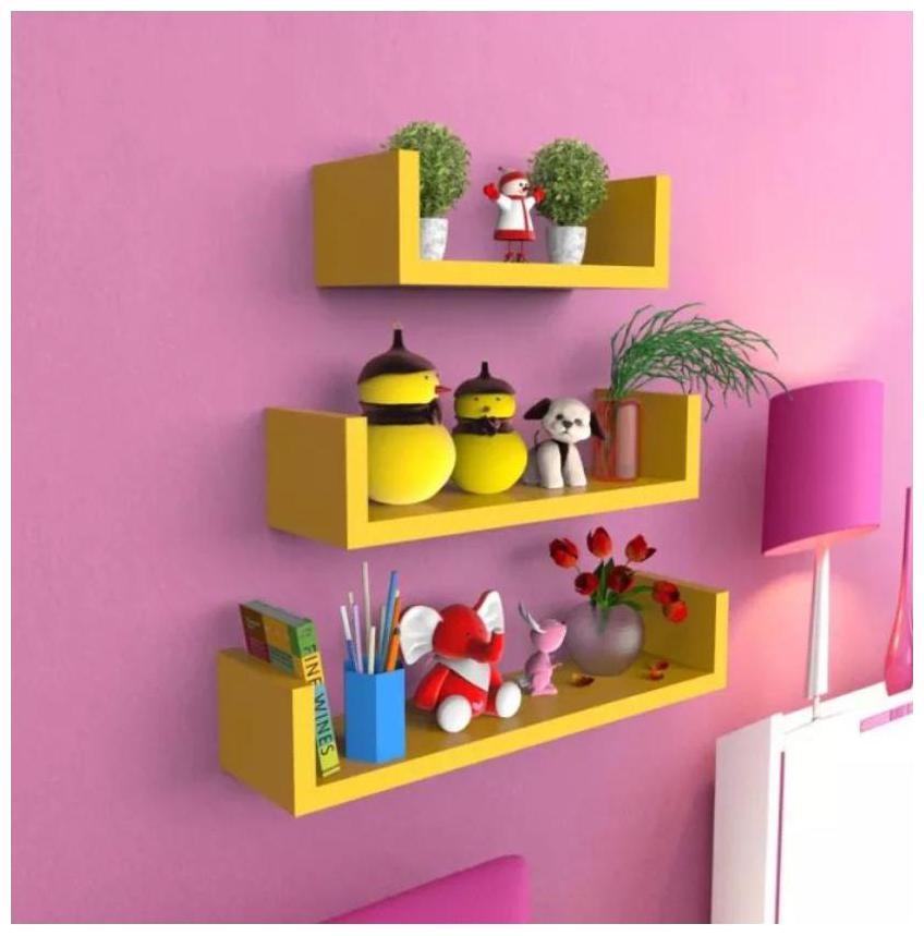 

Onlineshoppee Wooden Handicraft Wall Decor Designer Wall Shelf Pack of 3 Color-Yellow