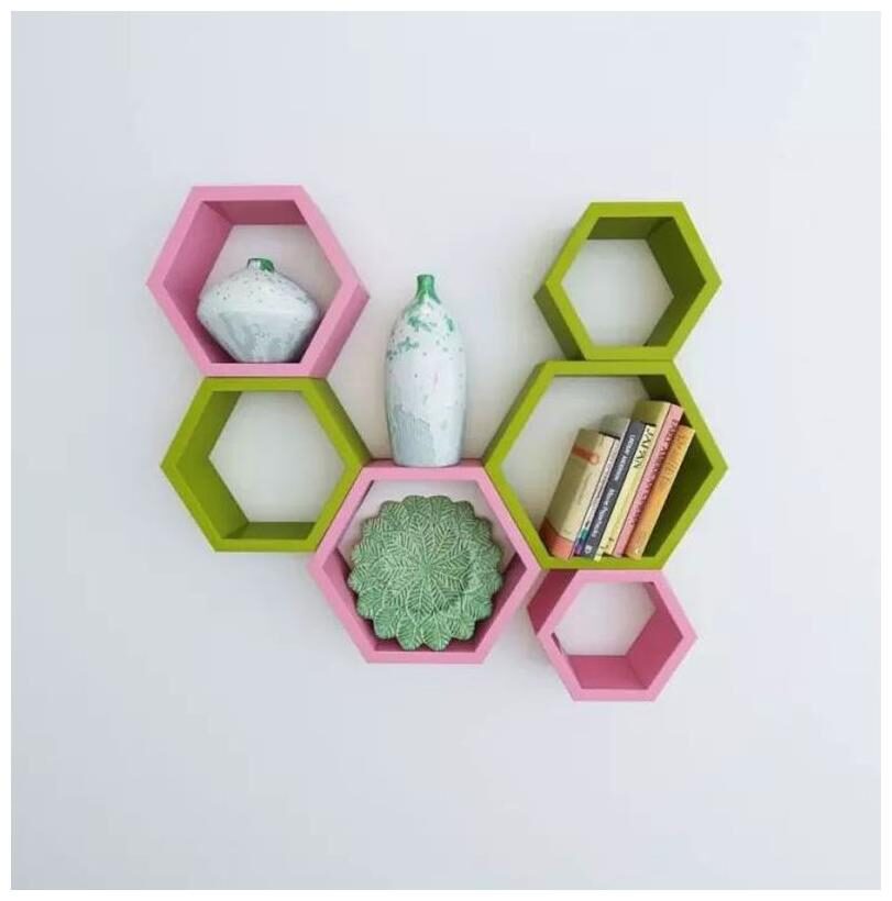 

Onlineshoppee Fancy Set of 6 Hexagonal Shape MDF Wall Shelf Big Size ( 10 5 x 4x 10 5) inch Color- Pink And Green
