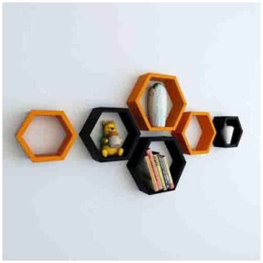 

Onlineshoppee Set Of 6 Hexagon shape Designer Storage Shelves - Black and Orange