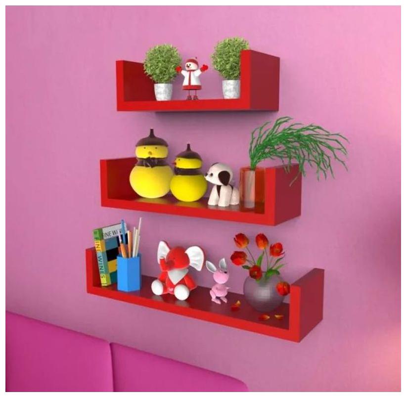

Onlineshoppee MDF Handicraft Wall Decor U-shaped Designer Wall Shelf Pack of 3- Red