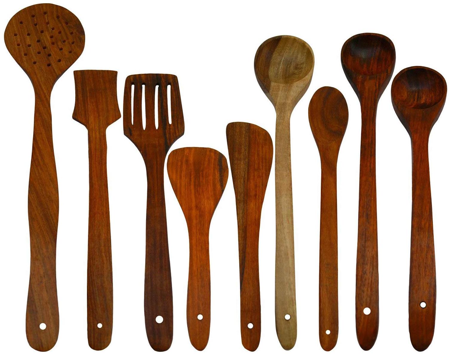 

Onlineshoppee Antique Wooden Handmade Serving and Cooking Spoon Set of 9