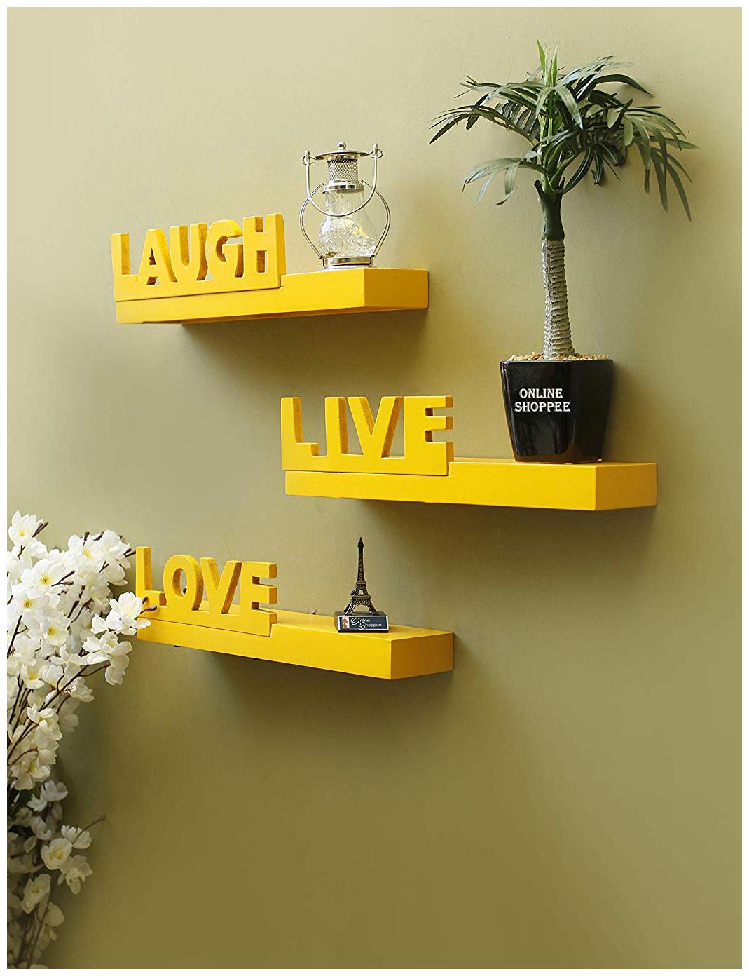 

Onlineshoppee Beautiful Wooden Yellow Wall Shelves Set Of 3