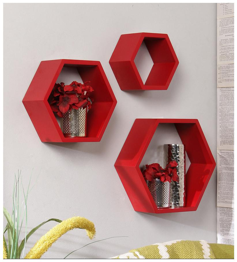 

Onlineshoppee Fancy 3 pcs Hexagonal Wooden Wall Shelf Size(LxBxH-10 5x4x10 5) Inch Color-Red