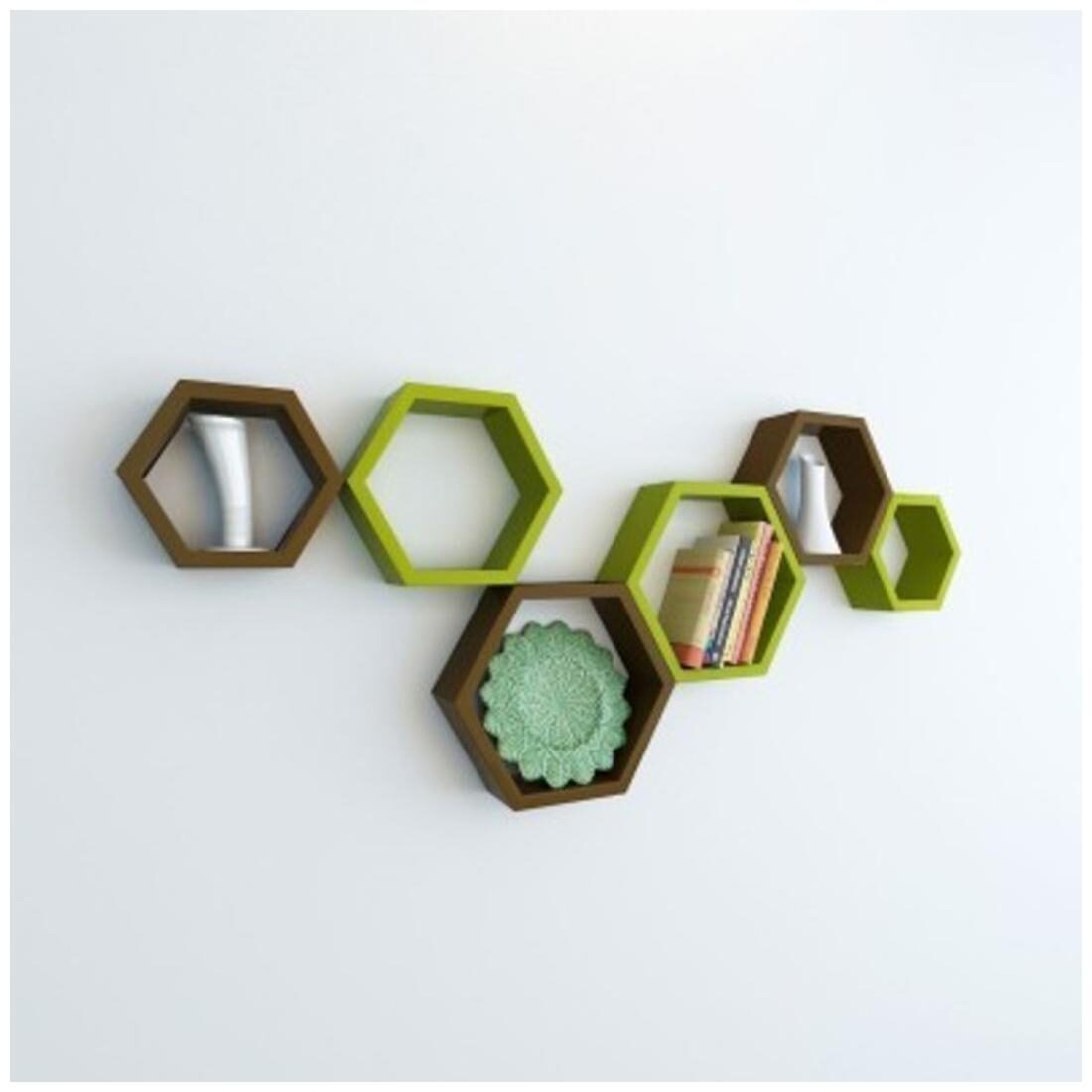 

Onlineshoppee Set Of 6 Hexagon shape Designer Storage Shelves - Brown and Green