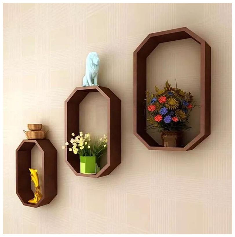 

Onlineshoppee Fancy 3 pcs Octagon Shaped MDF Wall Shelf - Brown