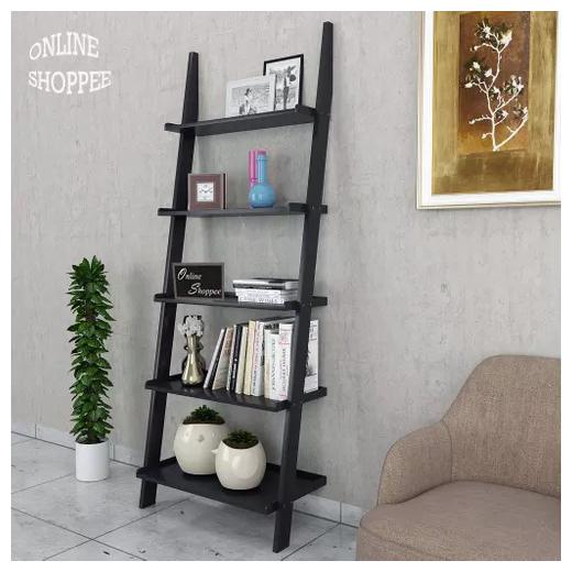

Onlineshoppee Leaning Bookcase Ladder and Room Organizer Engineered Wood Wall Shelf -Black