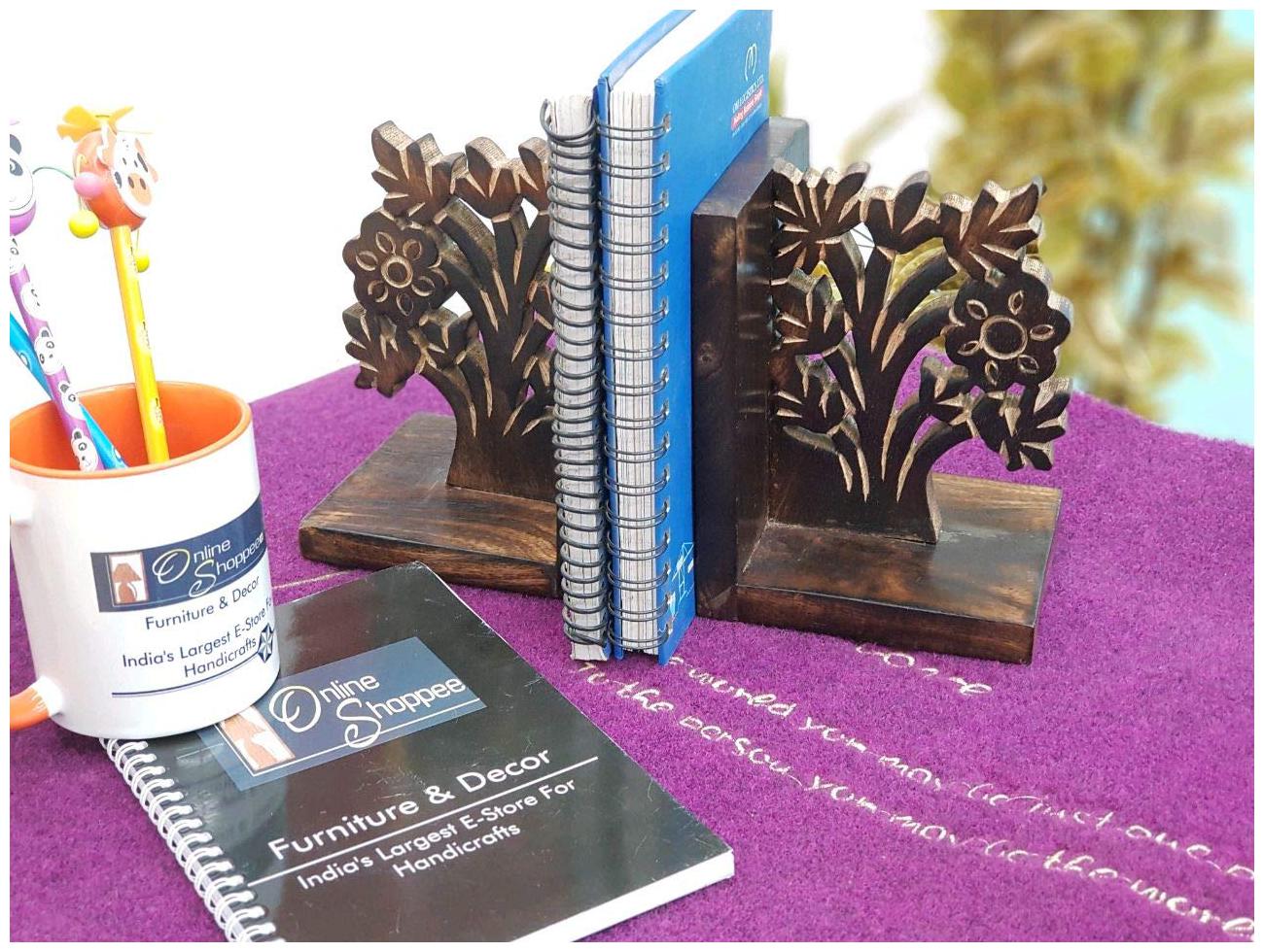 

Onlineshoppee Wooden Hand Carved Engraved Tree of Life Book End in Solid Wood -Book Organizer Book Racks Shelf Table Top