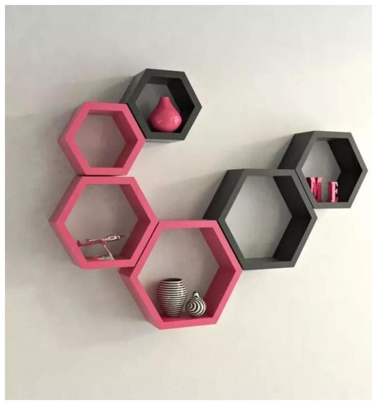 

Onlineshoppee Fancy Set of 6 Hexagonal Shape MDF Wall Shelf Big Size ( 10 5 x 4x 10 5) inch Color- Pink And Black