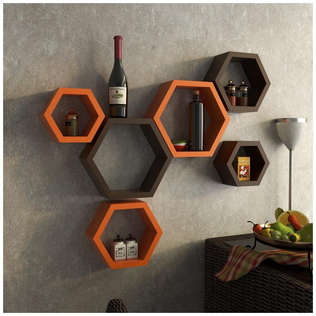 

Onlineshoppee Set Of 6 Hexagon Shape Designer Storage Shelves - Orange And Brown