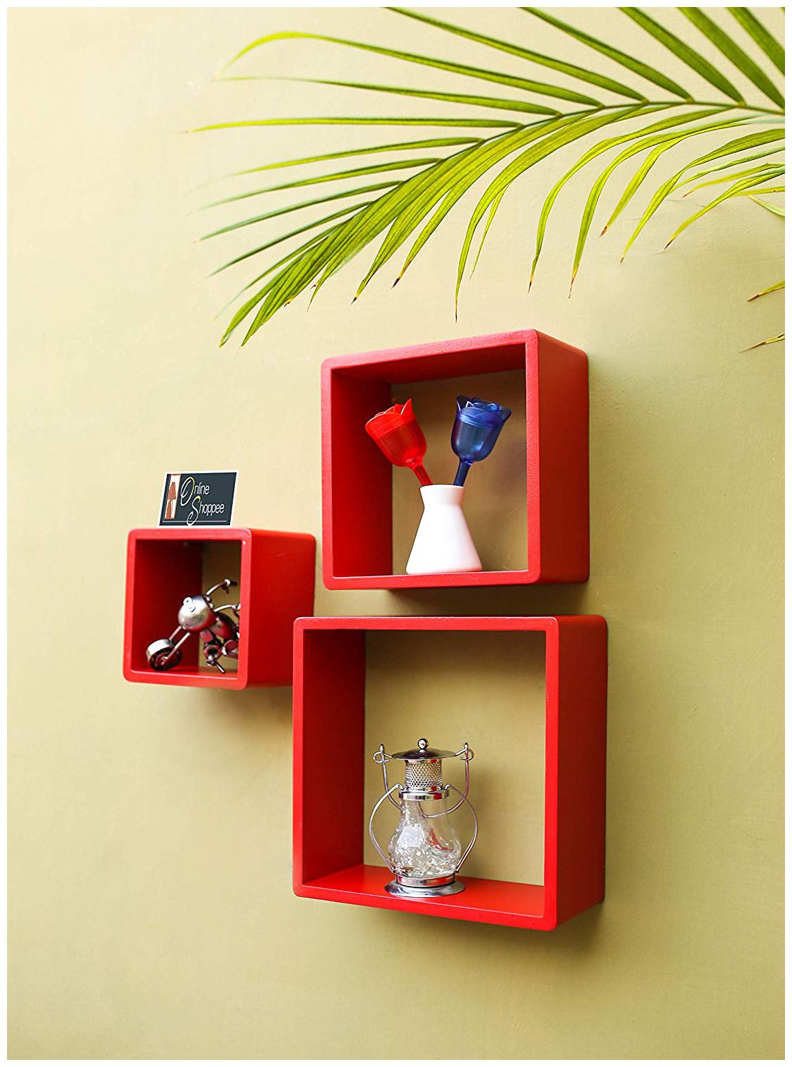 

Onlineshoppee Fancy 3 pcs Red Cube Wooden Wall Shelf