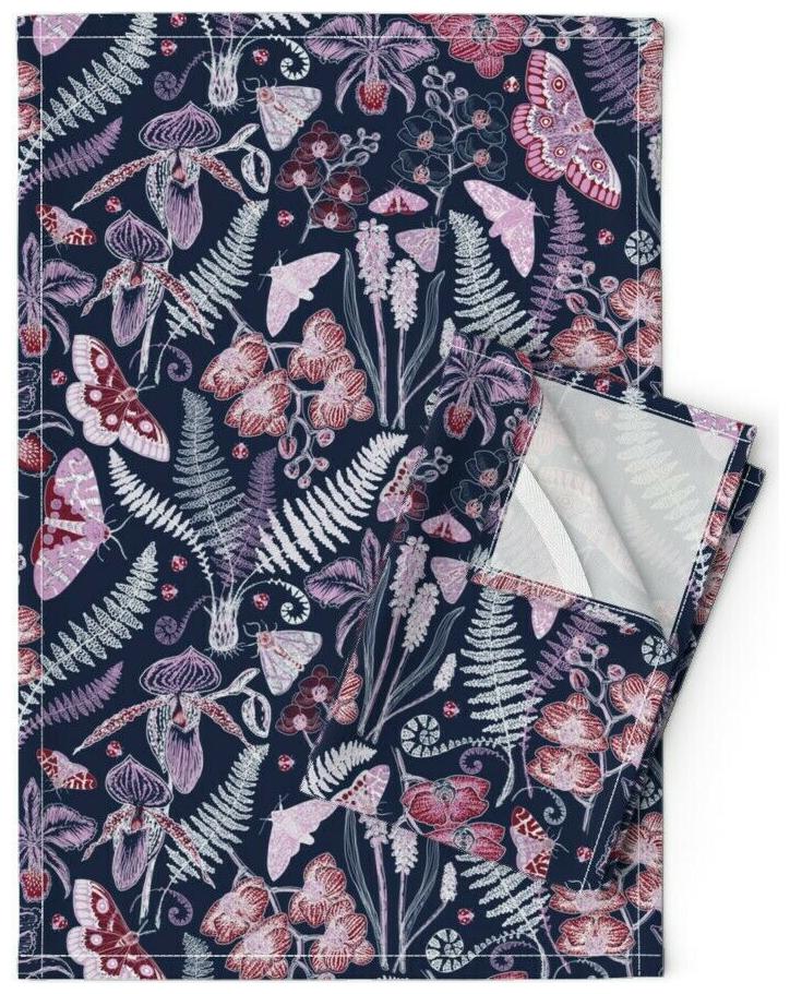 

Orchid And Navy Botanical Butterfly Linen Cotton Tea Towels by Roostery Set of 2