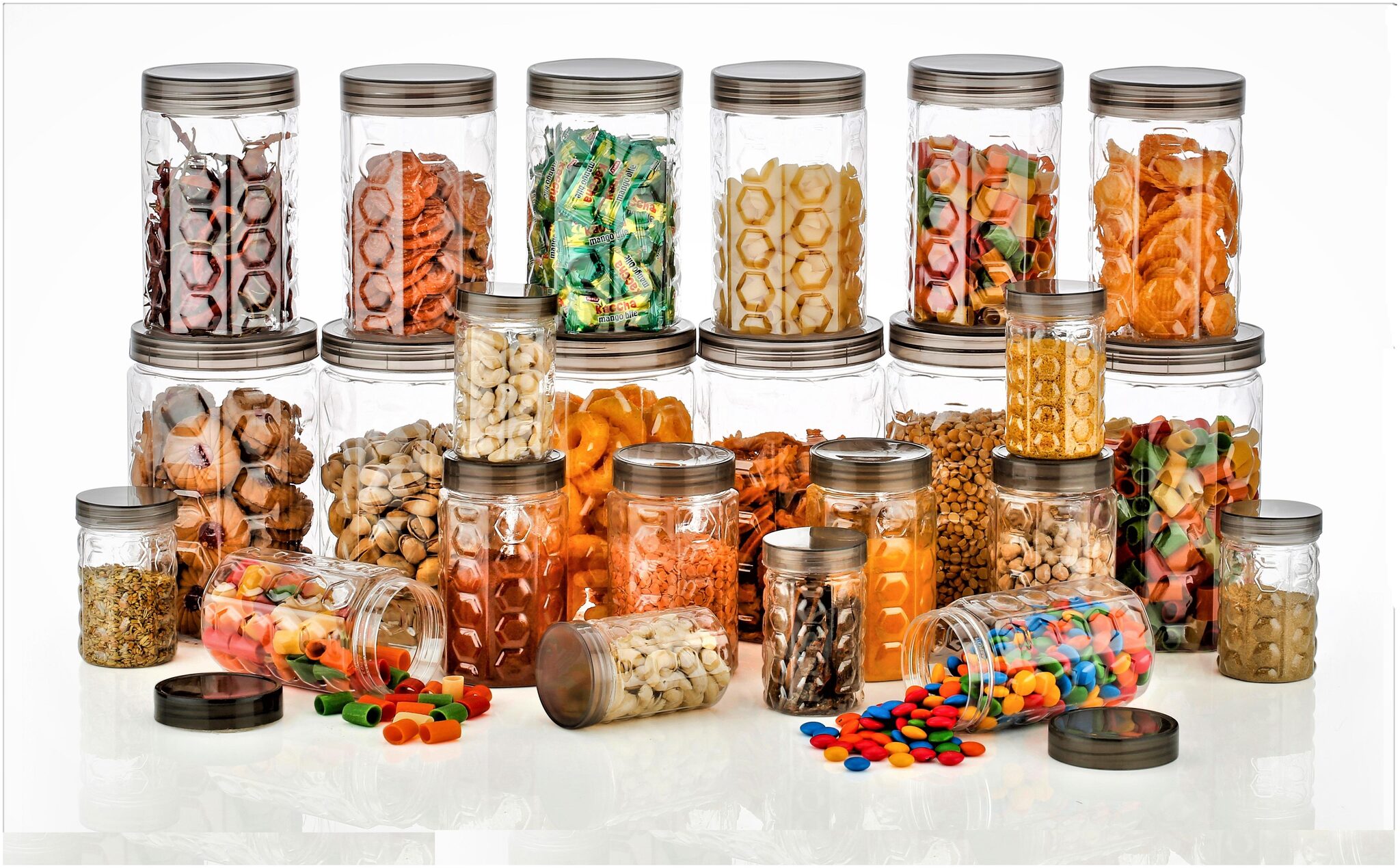 

Osious Canisters Jars Set Kitchen Container Set Of 24 - 150 ml 350 ml 650 ml 1200 ml Plastic Grocery Container (Pack of 24)