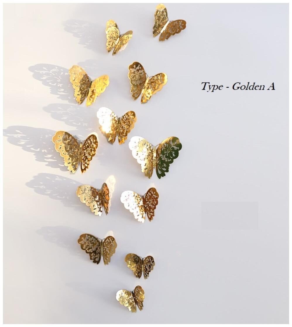 

P S Retail 3D PVC Wall Stickers Butterflies (Metallic Golden- A) - 12pcs
