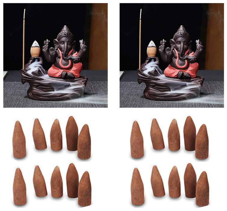

Pack of 2 pcs Monk Lord Ganesha Smoke Fountain with 10 Backflow Incense Holder Best Diwali Gift For your Love ones