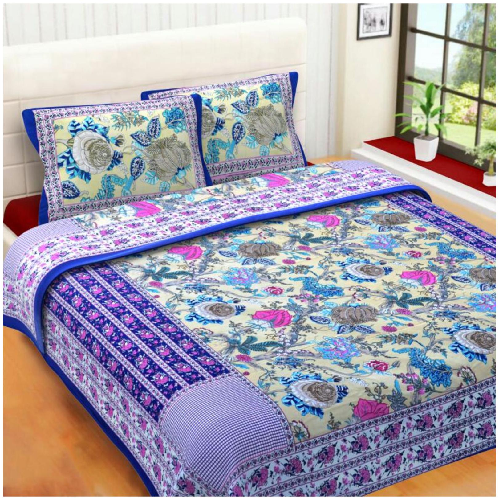 

Palars London Cotton Floral Double Size Bedsheet 180 TC ( 1 Bedsheet With 2 Pillow Covers Blue )
