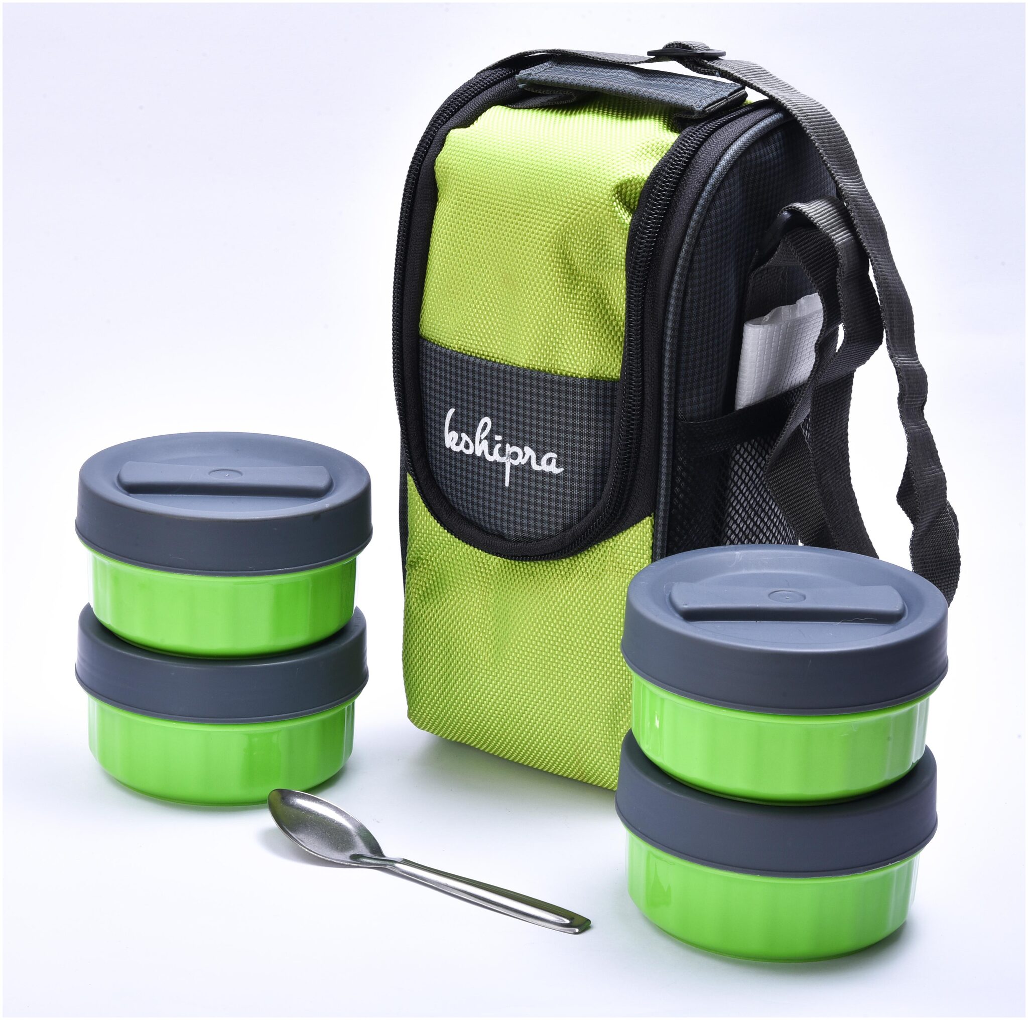 

Passion Bazaar Kshipra Insulated Stainless Steel Power Lunch Box Green Color With SS Containers and Cushion Bag cover