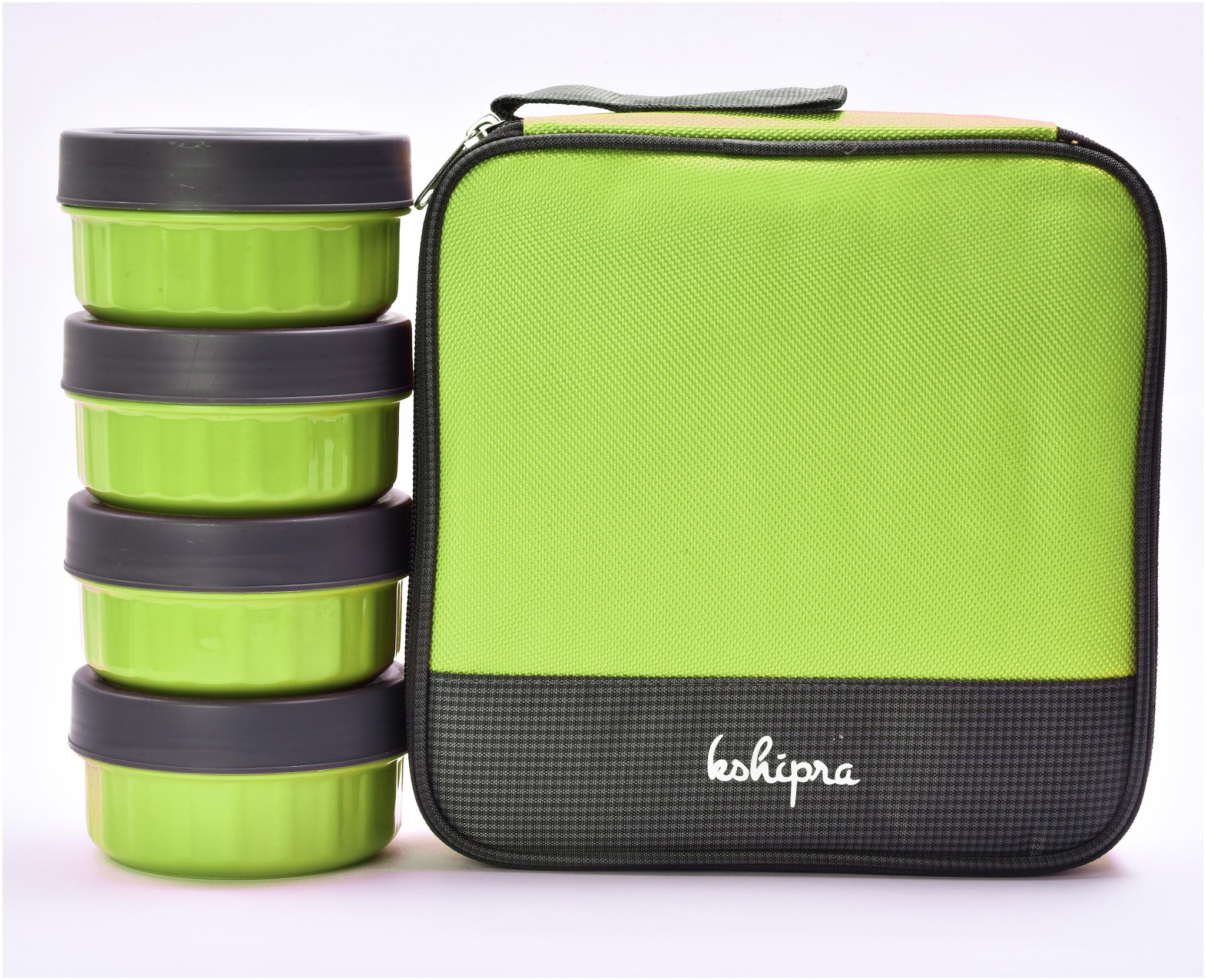 

Passion Bazaar Kshipra Insulated Stainless Steel Fresh Bite Lunch Box Green Color With 4-SS Containers and Cushion Bag cover