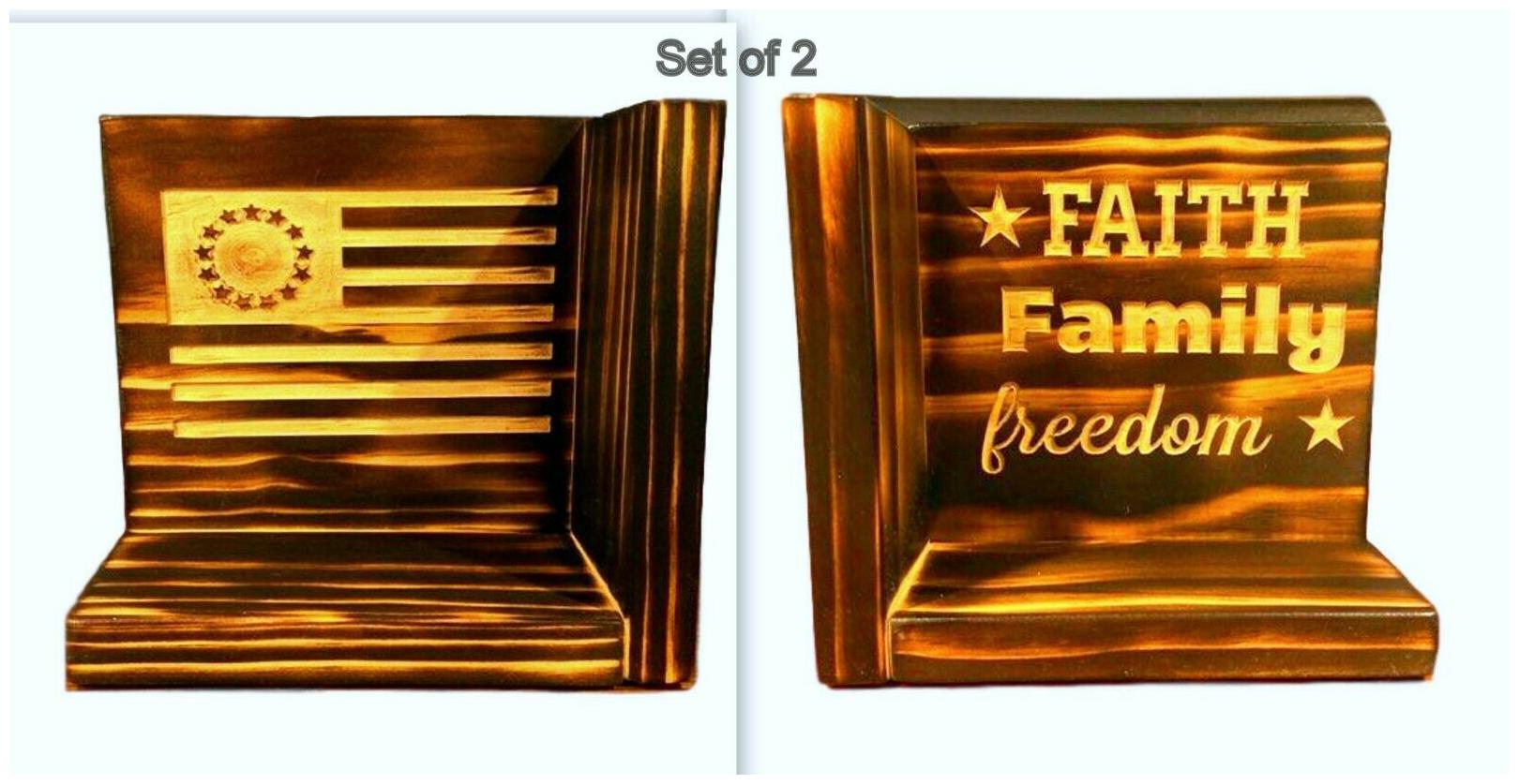 

Patriotic Wood Bookends Sturdy Burnt Wood Handmade Rustic Non-skid USA