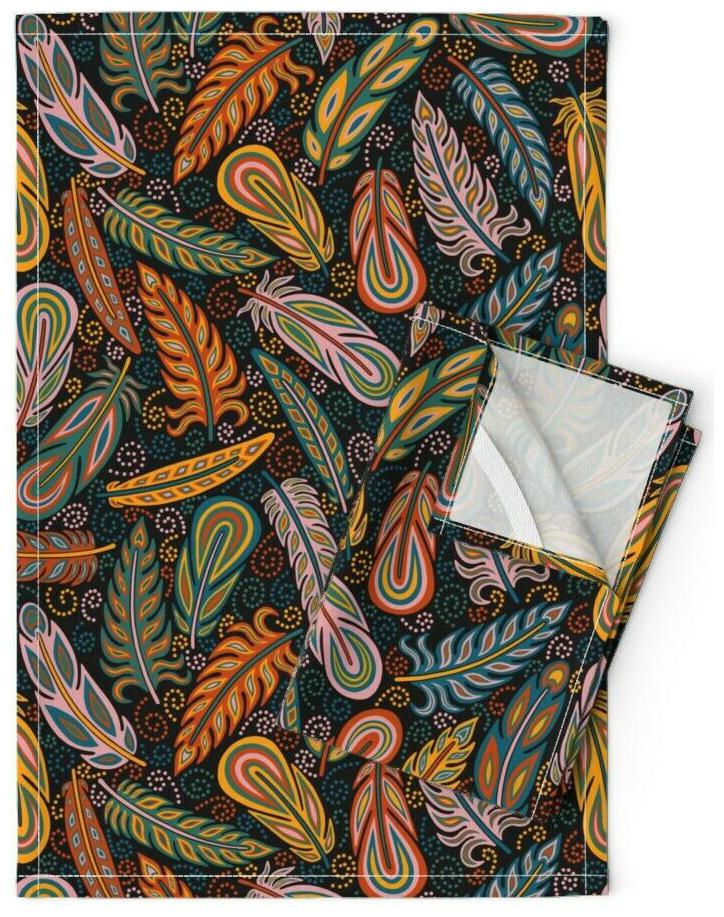 

Patterned Fall Feathers Pink Lagoon Linen Cotton Tea Towels by Roostery Set of 2