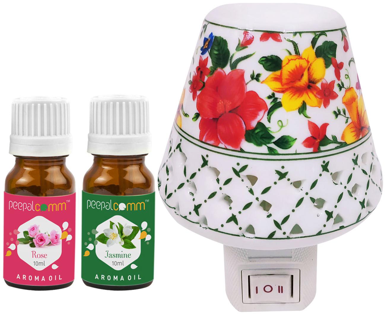 

PeepalComm Electric Ceramic Aroma Diffuser with Rose Jasmine Aroma Oil 10ml each for office home Spa Pack of 3
