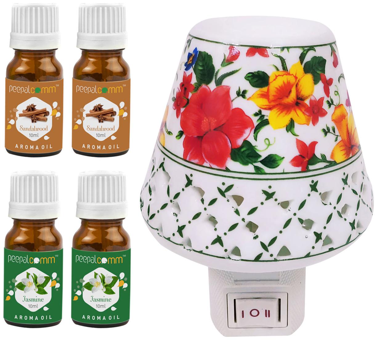 

PeepalComm Electric Ceramic Aroma Diffuser with 2 sandalwood 2 Mogra Aroma Oil 10ml each for office home Spa Pack of 5