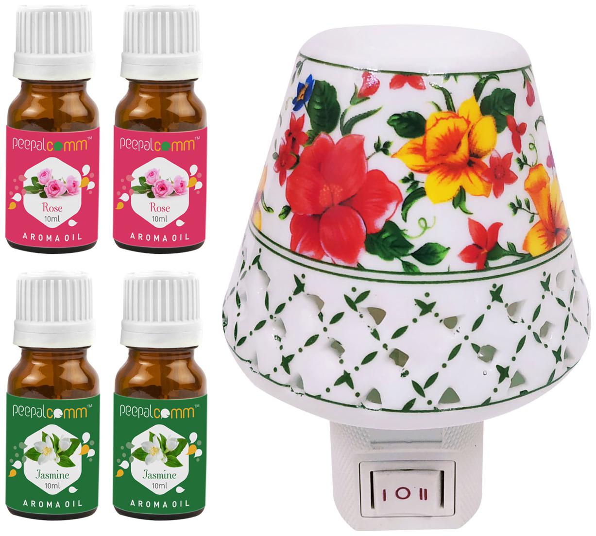 

PeepalComm Electric Ceramic Aroma Diffuser with 2 Rose 2 Jasmine Aroma Oil 10ml each for office home Spa Pack of 5