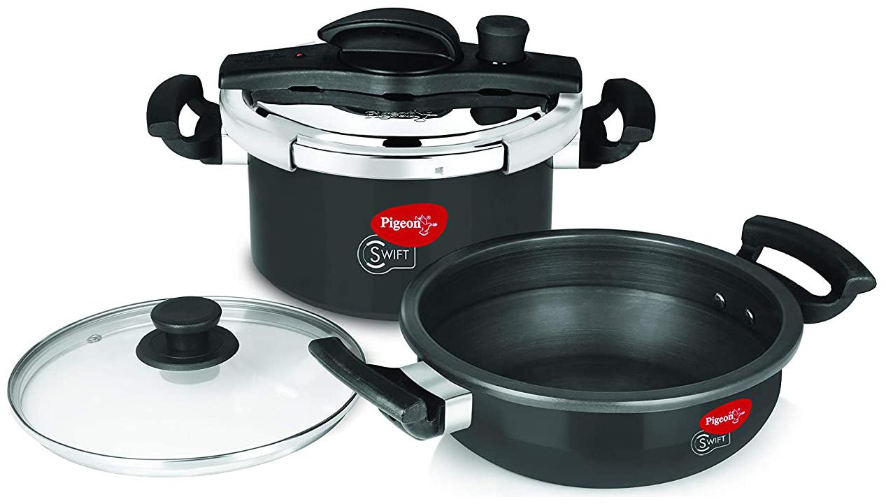 

Pigeon by stovekraft Hard-Anodized Aluminium 6 L Induction Bottom Outer Lid Pressure Cooker - Set of 4 ISI Certified