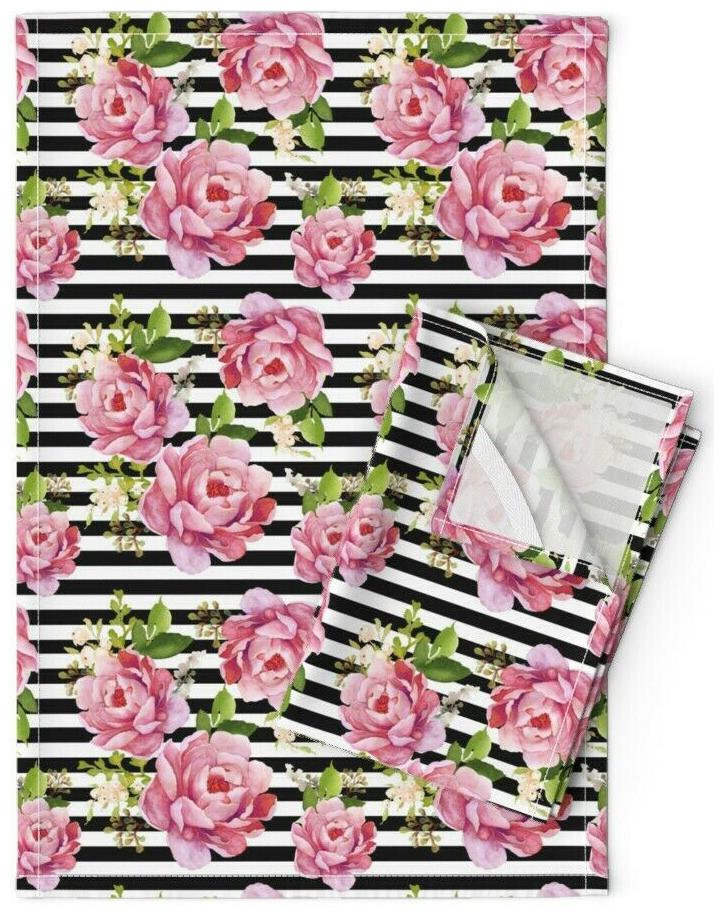 

Pink Floral Boho Stripped Modern Linen Cotton Tea Towels by Roostery Set of 2