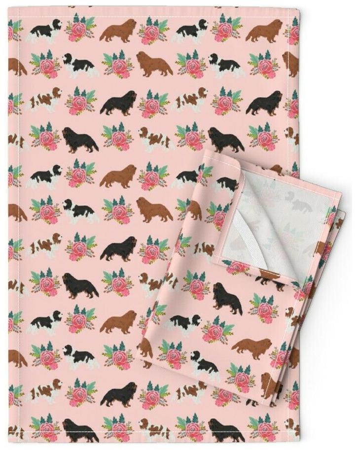 

Pink Floral Dog Cavalier King Linen Cotton Tea Towels by Roostery Set of 2