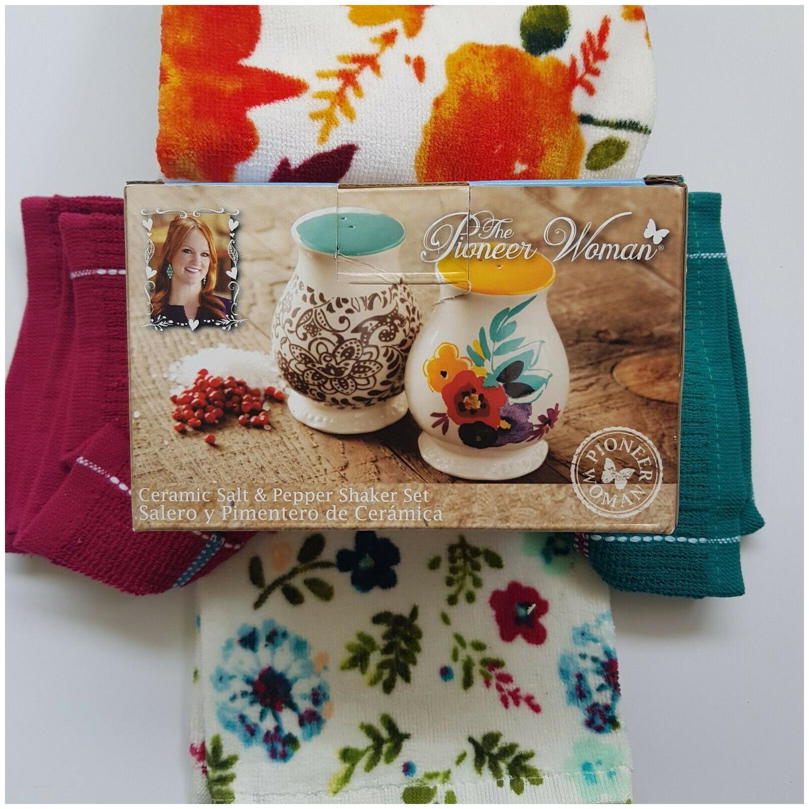 

pioneer woman willow collection - kitchen towels and ceramic salt paper shaker