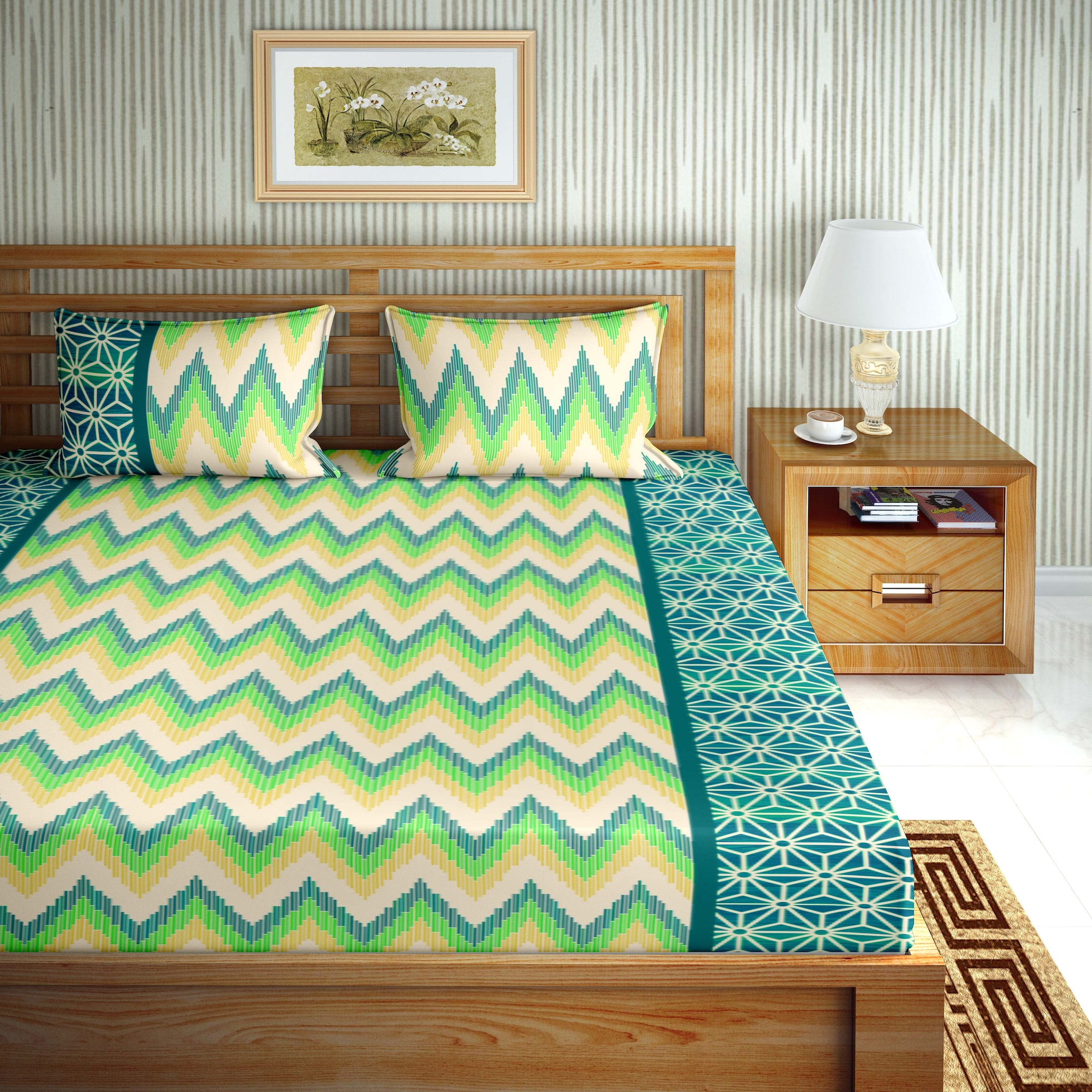 

Bella Casa Cotton Printed Double Size Bedsheet 110 TC ( 1 Bedsheet With 2 Pillow Covers Green )