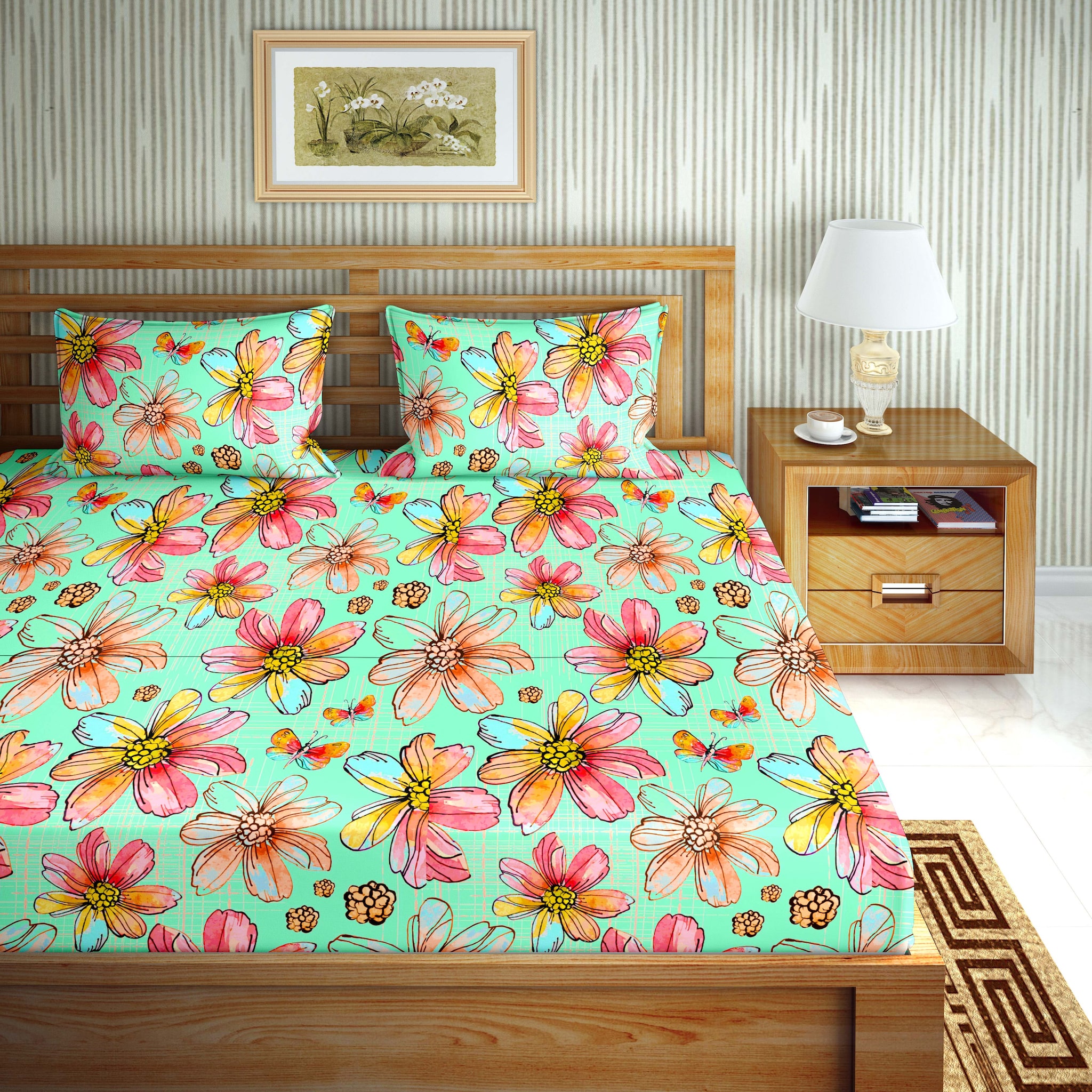 

Bella Casa Cotton Printed Double Size Bedsheet 110 TC ( 1 Bedsheet With 2 Pillow Covers Green )