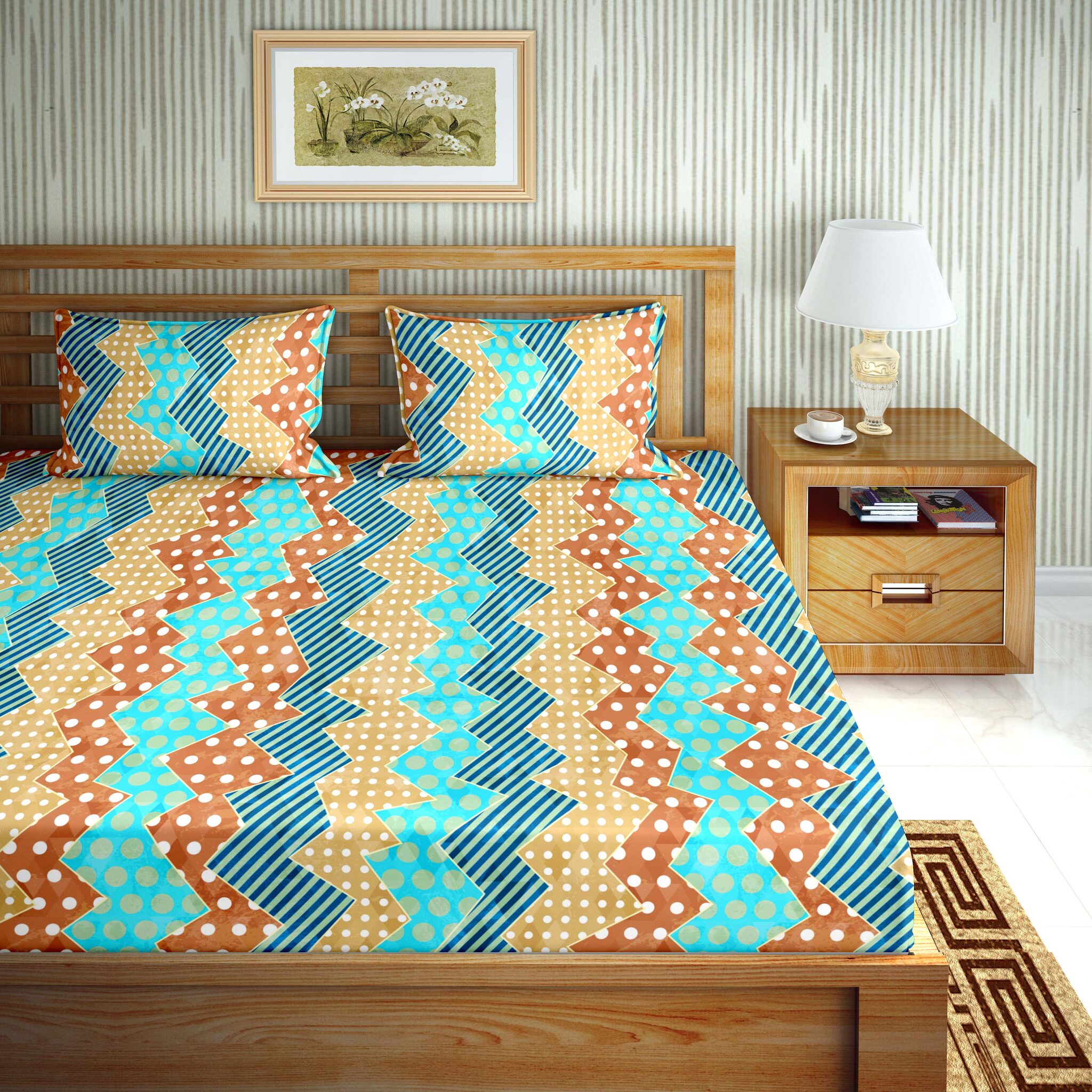 

Bella Casa Cotton Printed Double Size Bedsheet 110 TC ( 1 Bedsheet With 2 Pillow Covers Blue )