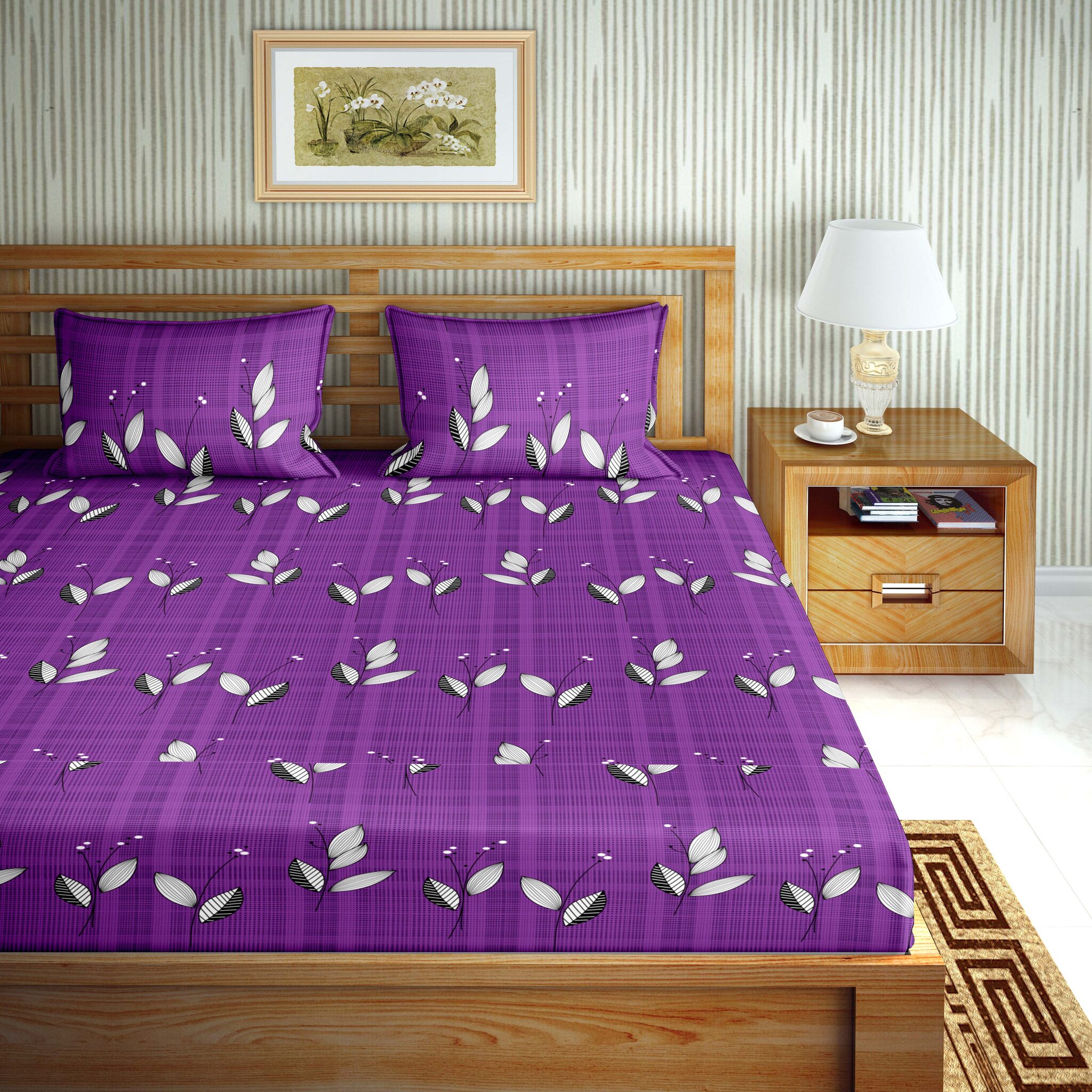 

Bella Casa Cotton Printed Double Size Bedsheet 110 TC ( 1 Bedsheet With 2 Pillow Covers Purple )