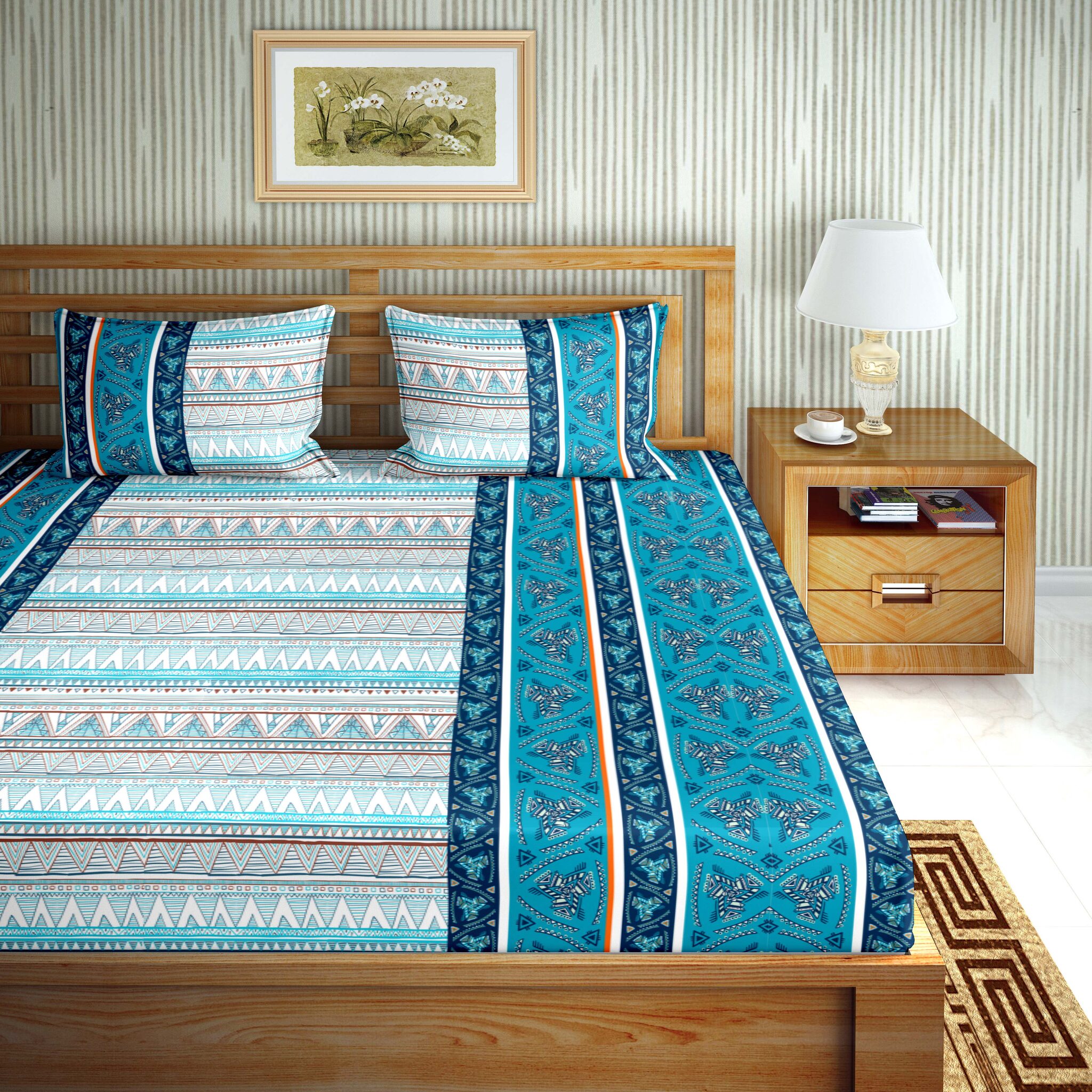 

Bella Casa Cotton Printed Double Size Bedsheet 110 TC ( 1 Bedsheet With 2 Pillow Covers Blue )
