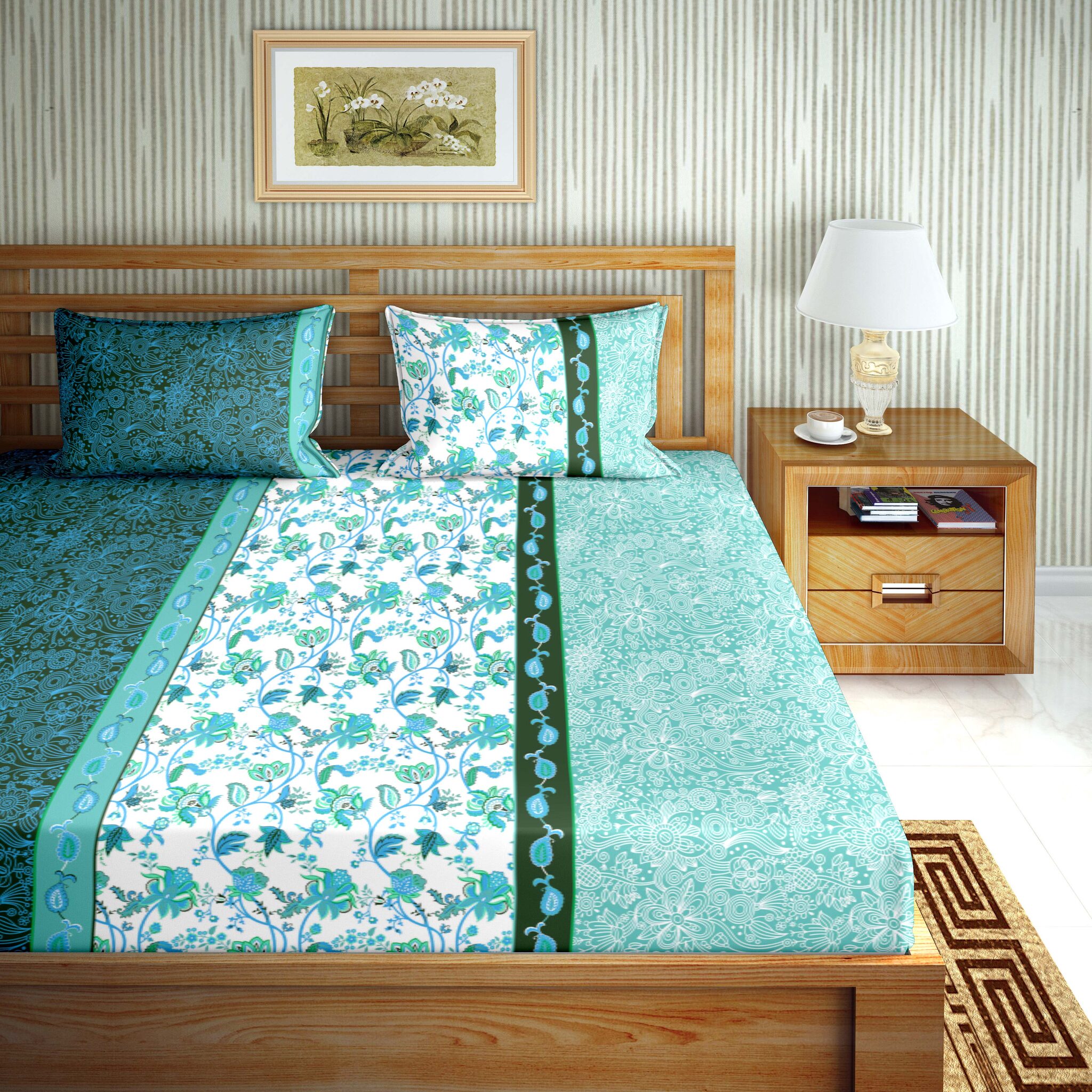 

Bella Casa Cotton Printed Double Size Bedsheet 110 TC ( 1 Bedsheet With 2 Pillow Covers Green )