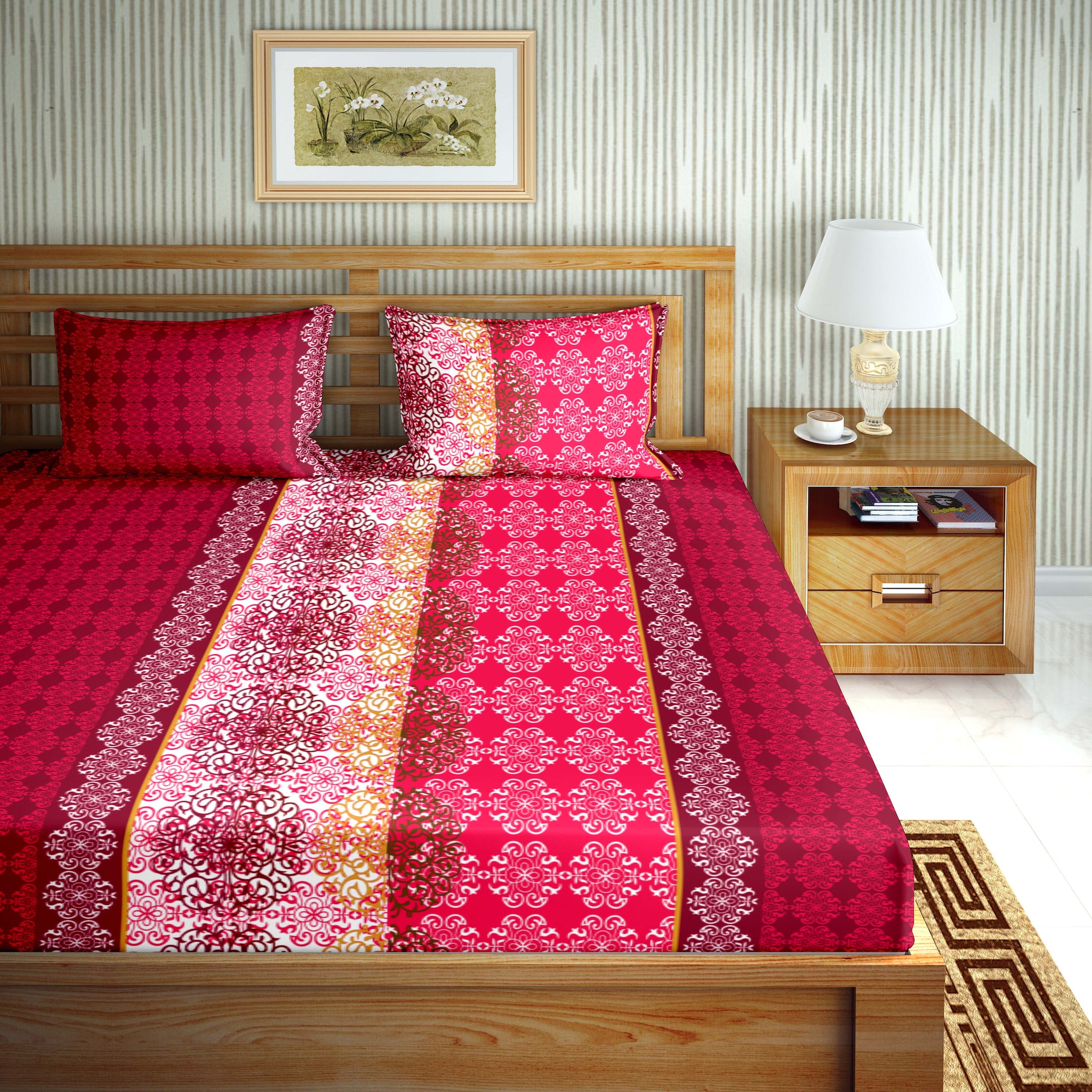 

Bella Casa Cotton Printed Double Size Bedsheet 110 TC ( 1 Bedsheet With 2 Pillow Covers Red )